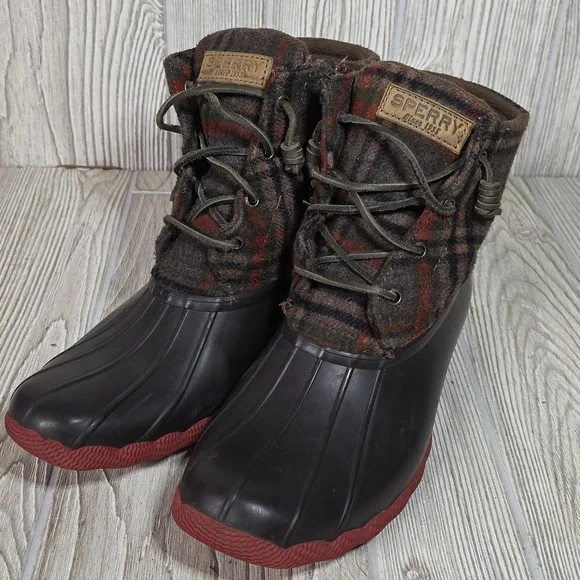Sperry Saltwater Brown Plaid Duck Boots Womens Size 9 - Picture 10 of 14